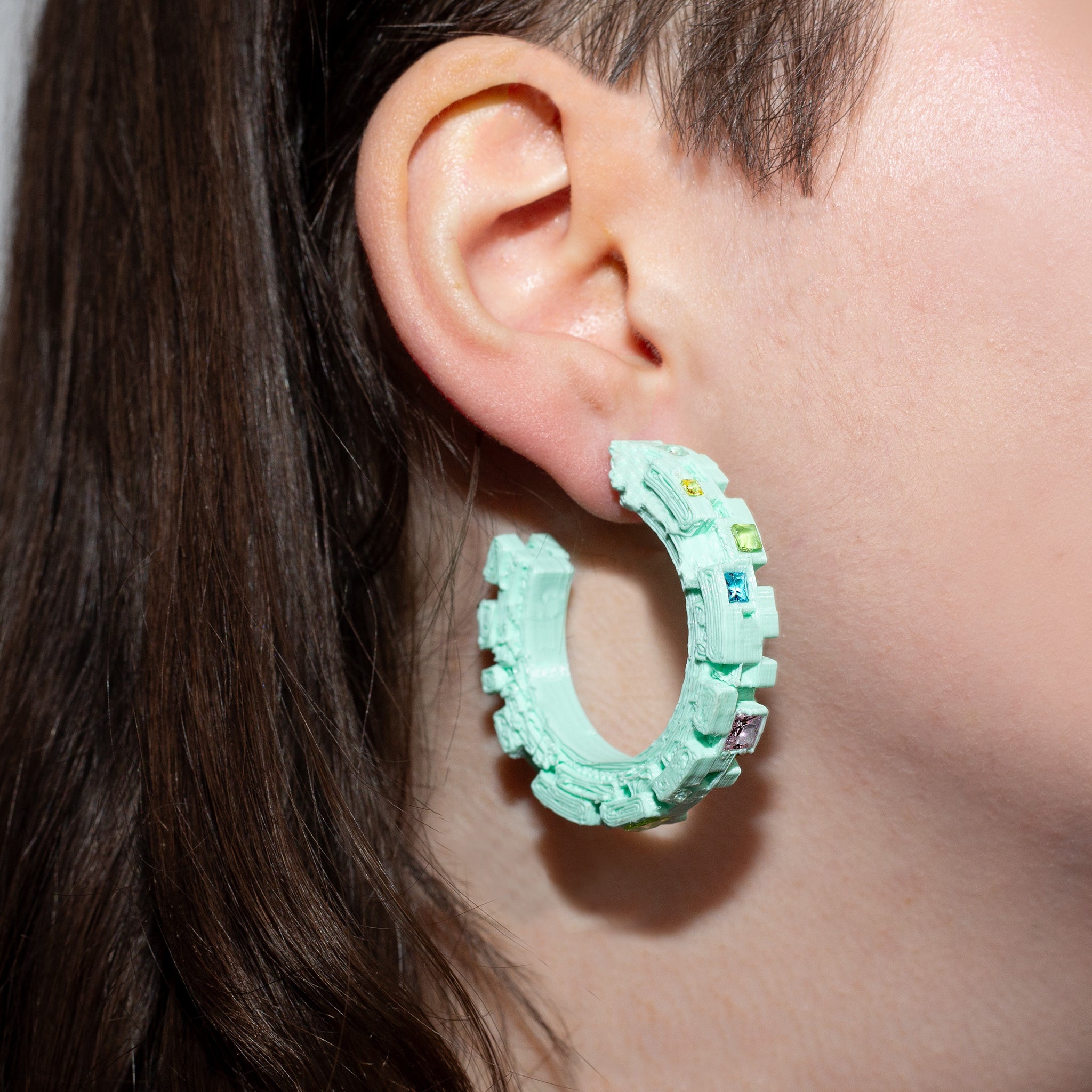 Pixelation Hoop Earrings in 3D Printed PLA & Gems